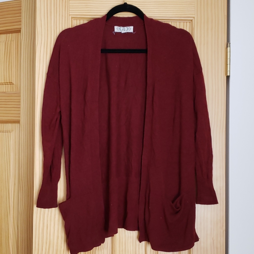 Burgundy Open Front Cardigan with Front Pockets